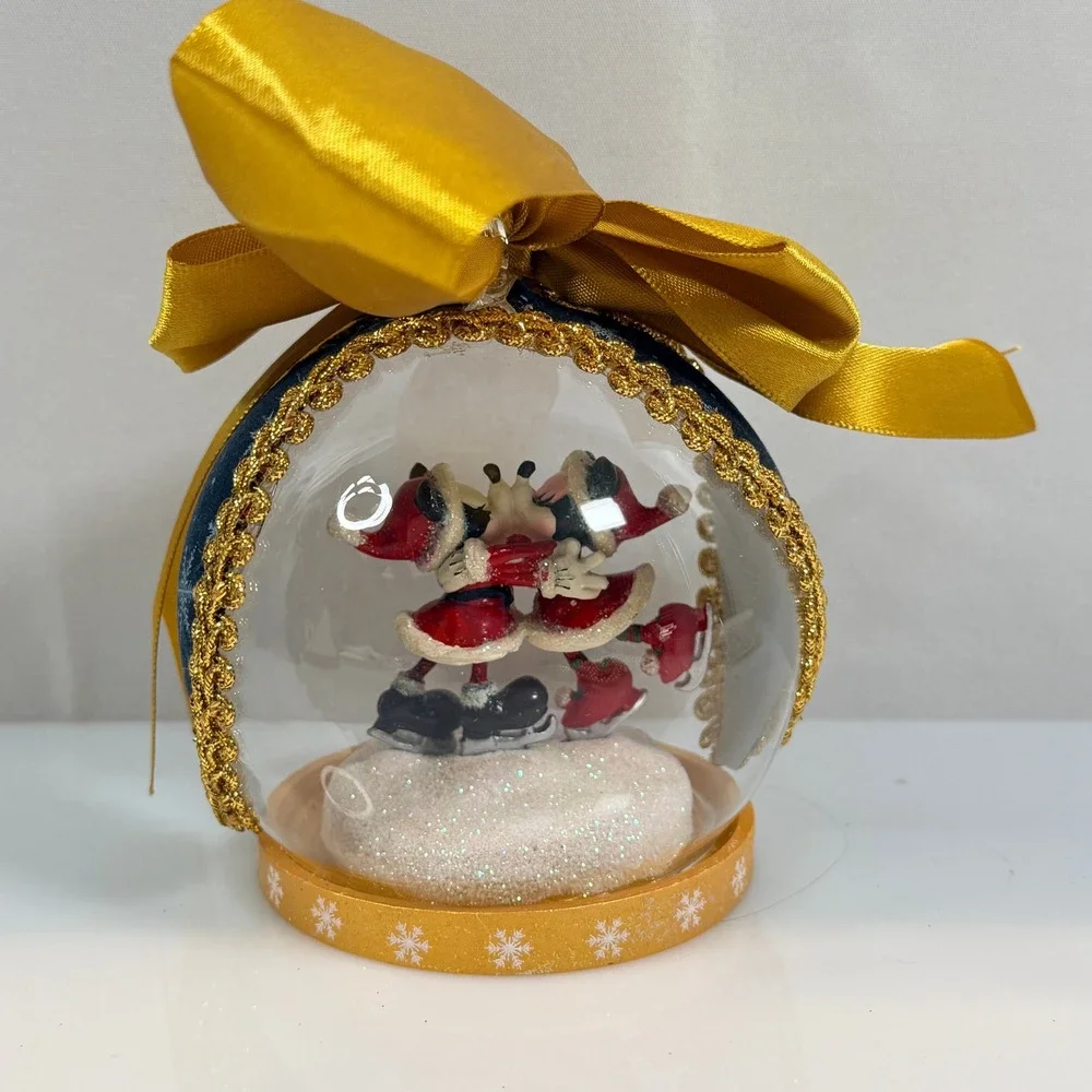 Disney Mickey Minnie Kissing Christmas Ornament Mistletoe Snow Globe Style